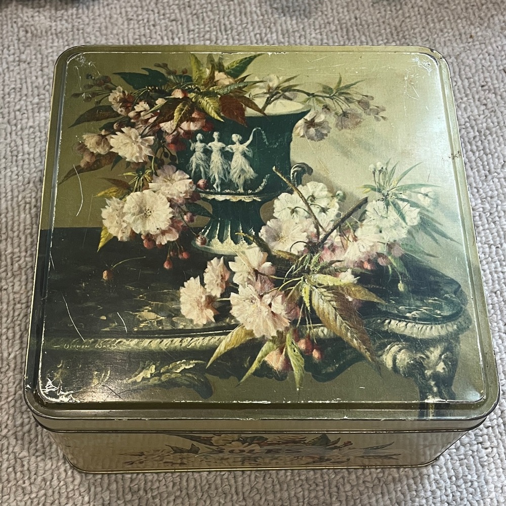 Vintage Metal Tin Biscuit Cookie Box Made in England British Floral Dancer Women